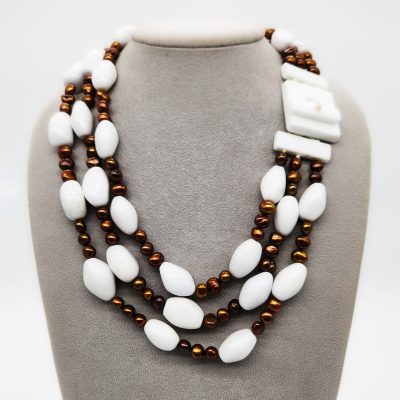 COLLANA 3 FILI AGATA BIANCA PERLE CHOCOLATE </br>BFHX 3903