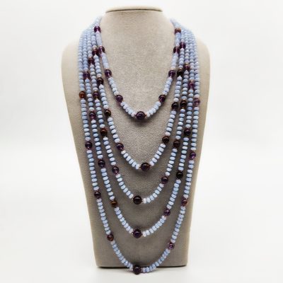 COLLANA 5 FILI AMETISTA MUSCHIATA + CALCEDONIO ARGENTO ROSATO </br>GIHX 13023