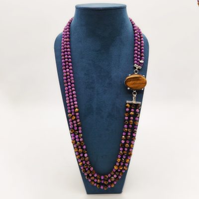 COLLANA 3 FILI OCCHIO TIGRE + CHAROITE ARGENTO </br>GIHX 13693