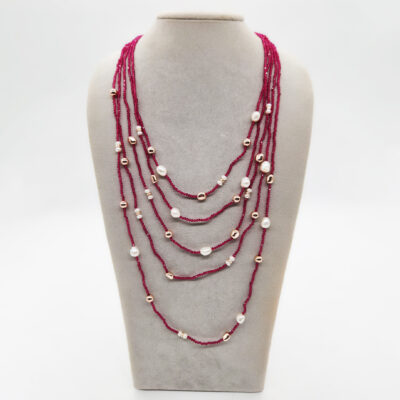 COLLANA 5 FILI PERLE E SPINELLI SINTETICI ROSSI </br>BAHX 10540