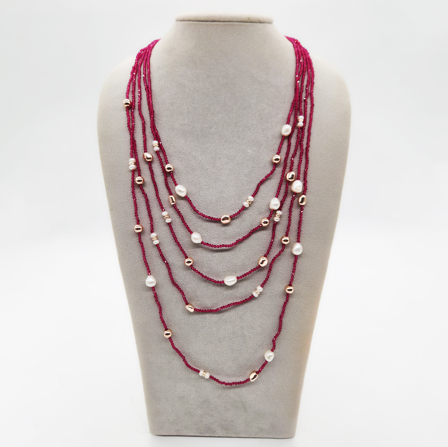 COLLANA 5 FILI PERLE E SPINELLI SINTETICI ROSSI </br>BAHX 10540