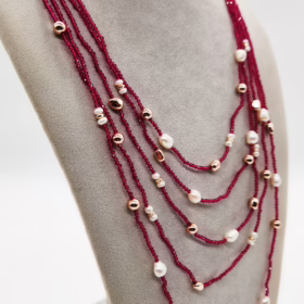 COLLANA 5 FILI PERLE E SPINELLI SINTETICI ROSSI </br>BAHX 10540 - immagine 3