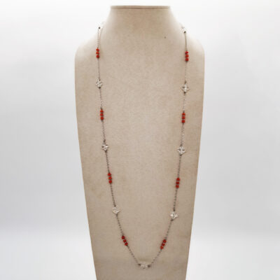 LACCIO ARGENTO E CORALLO ROSSO FIORE CRISTALLO DI ROCCA </br>GIHX 11656