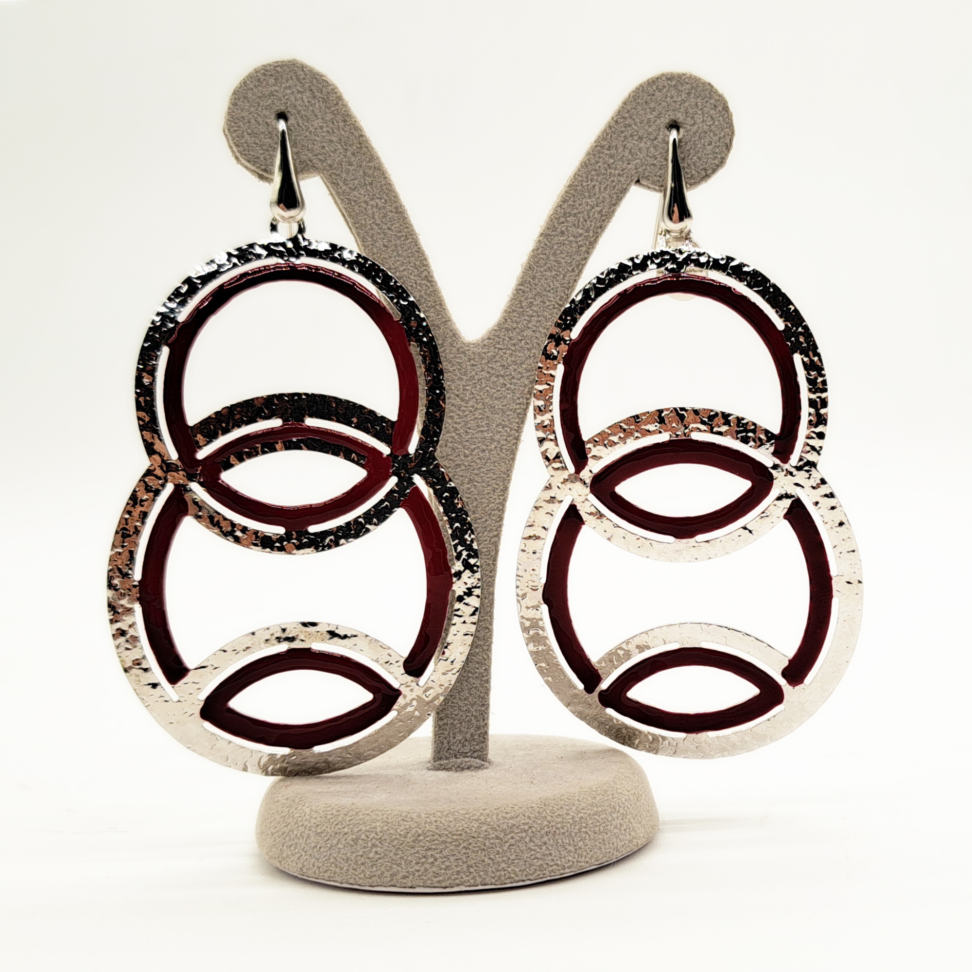 ORECCHINI METALLO ARGENTATO DOPPI CERCHI SMALTO ROSSO </br>GOHX 7154