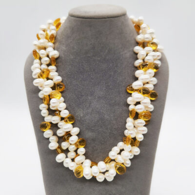 COLLANA 3 FILI PERLE PASTE VITREE GIALLE </br>SIHX 4075